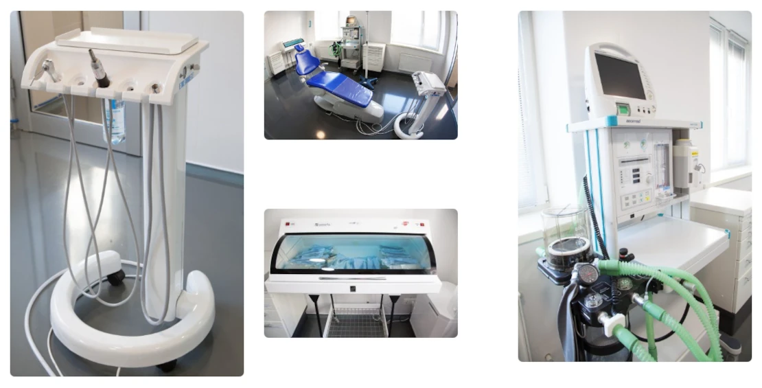 На фотоколлаже аппарат для общего наркоза, стоматологическое кресло, бокс для дезинфекции и оборудование в стоматологии Багита в Черкассах